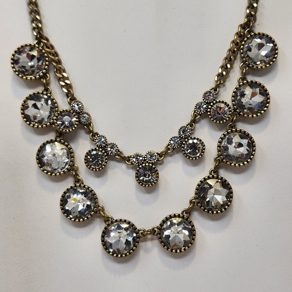LOFT Ann Taylor Antiqued Gold Tone Clear Rhinestone Necklace Layered Statement - Picture 2 of 6